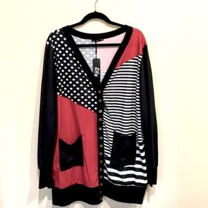 Red, white, black cardigan
